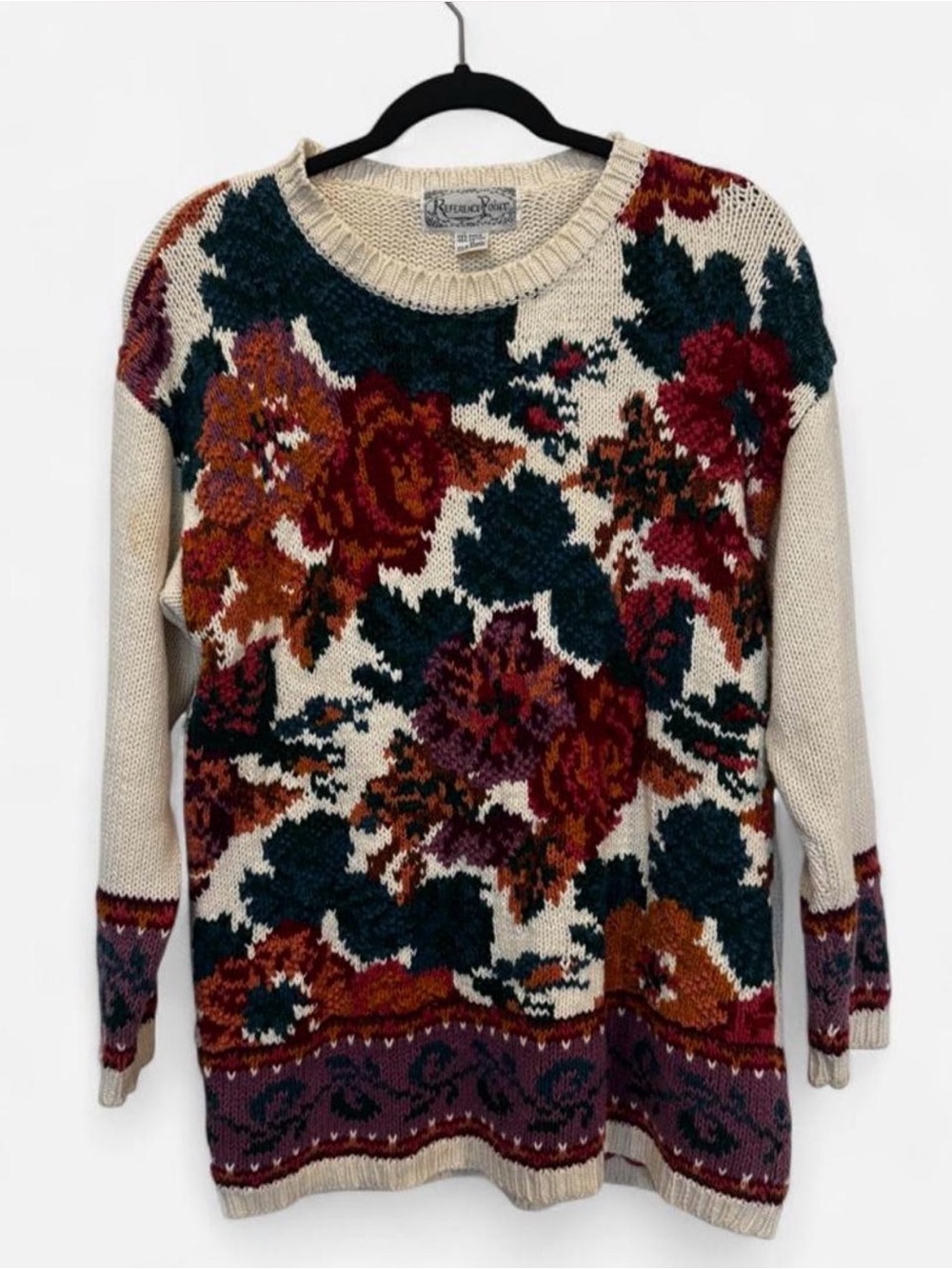 Vintage 90s Cozy Chunky Knit Tapestry Floral Sweater- M- Cottage Granny Boho